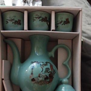 Vintage Korean Celadon 8-Piece Liquor/Tea Set - Pine & Crane Inlay - NIB